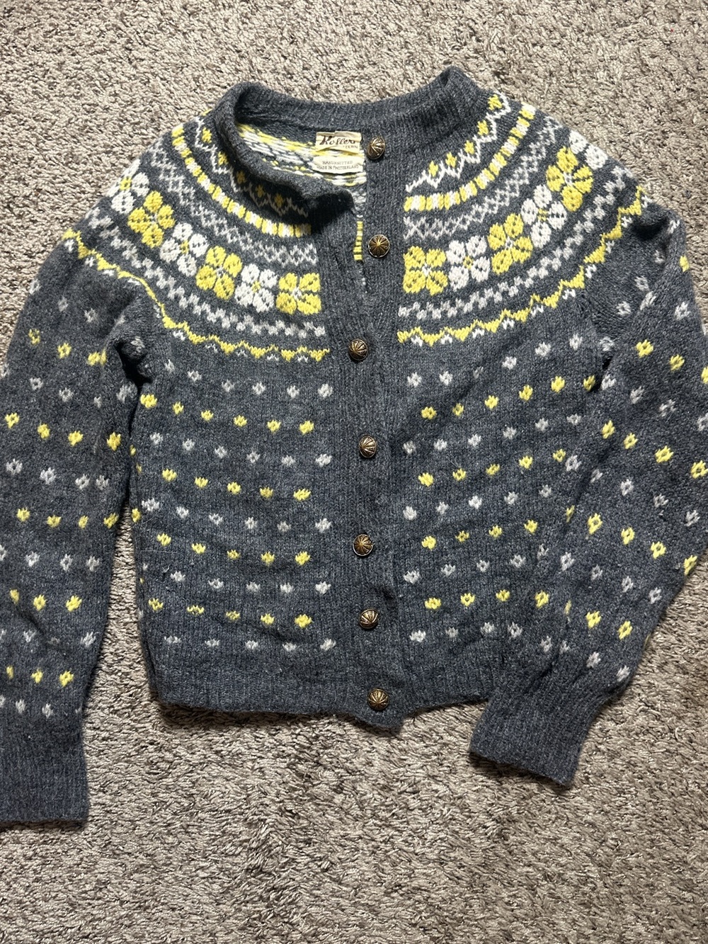 Kofters of Norway Fair Isle Wool Blend Cardigan | Gray & Yellow | Small/Medium